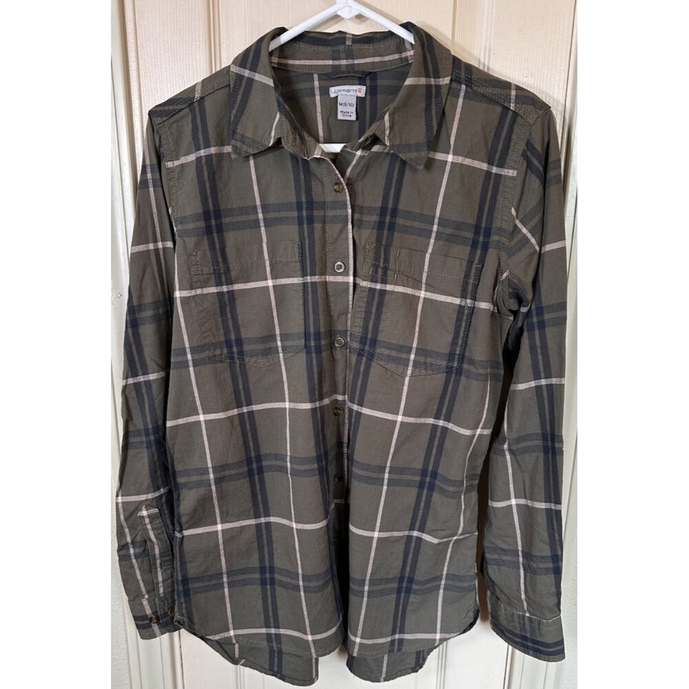 Carhartt Womens Med Green Striped Long Sleeve Full Button Shirt